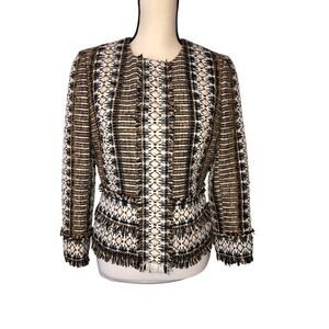 Tory Burch Jessica Tweed Jacket Size 6 Blazer Hidden Snaps Fringe Brown Black